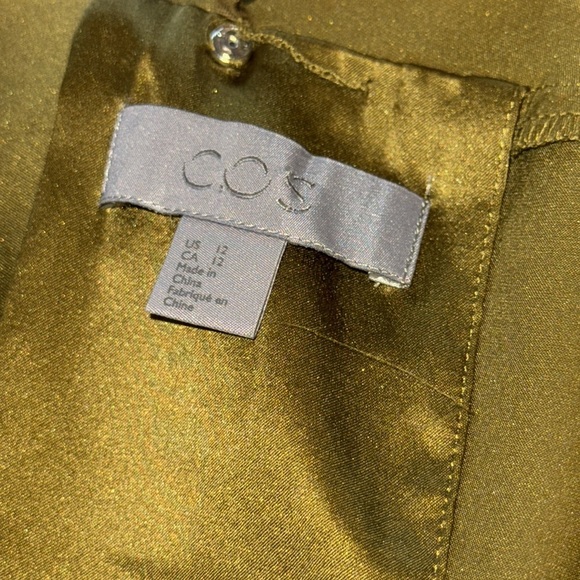 COS olive green 100% silk Deep V back Drape front short sleeves maxi dress Sz 12 - Picture 9 of 11